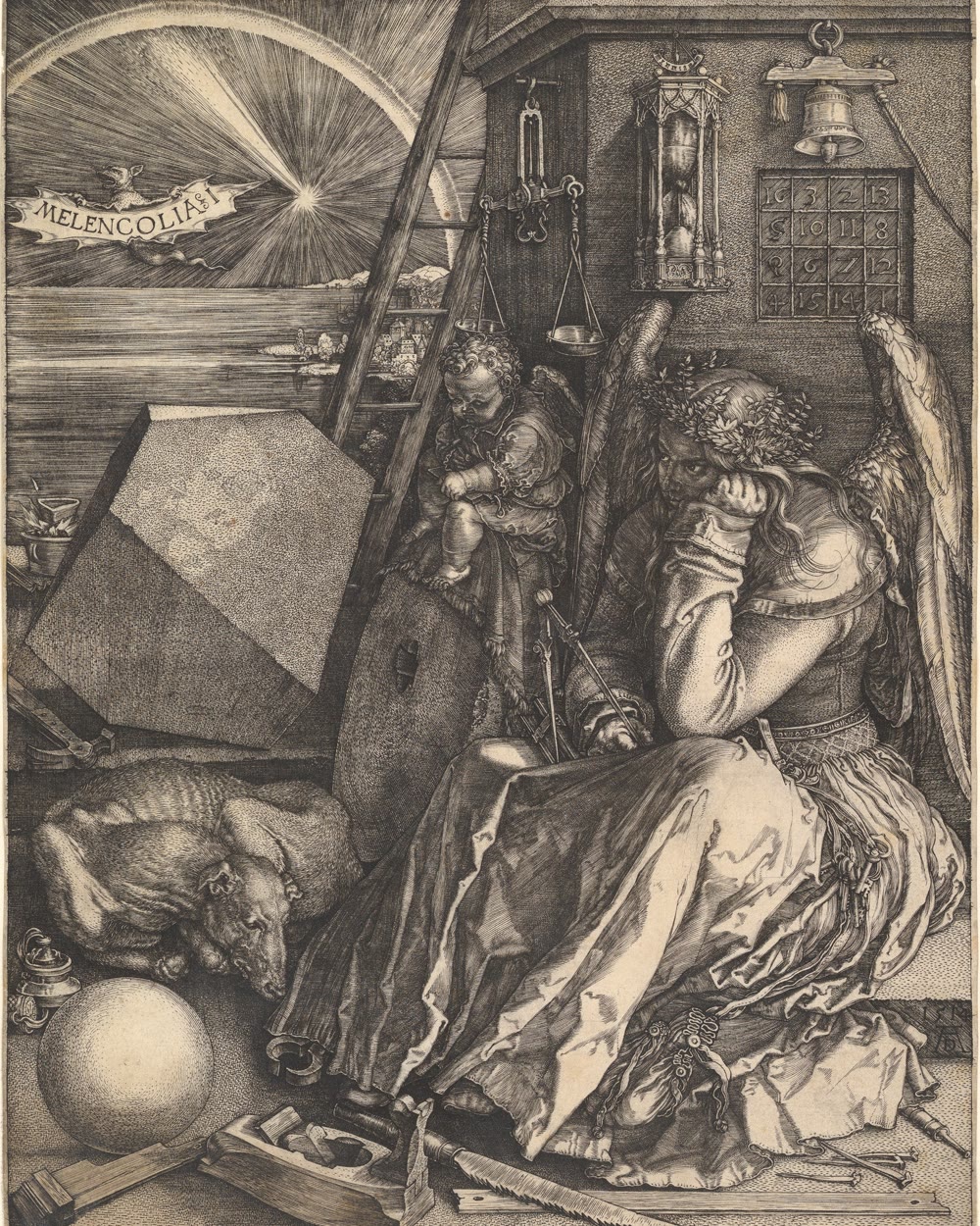 Dürer's Melencolia I, 1514: a winged figure among the instruments of a workshop, compass in hand